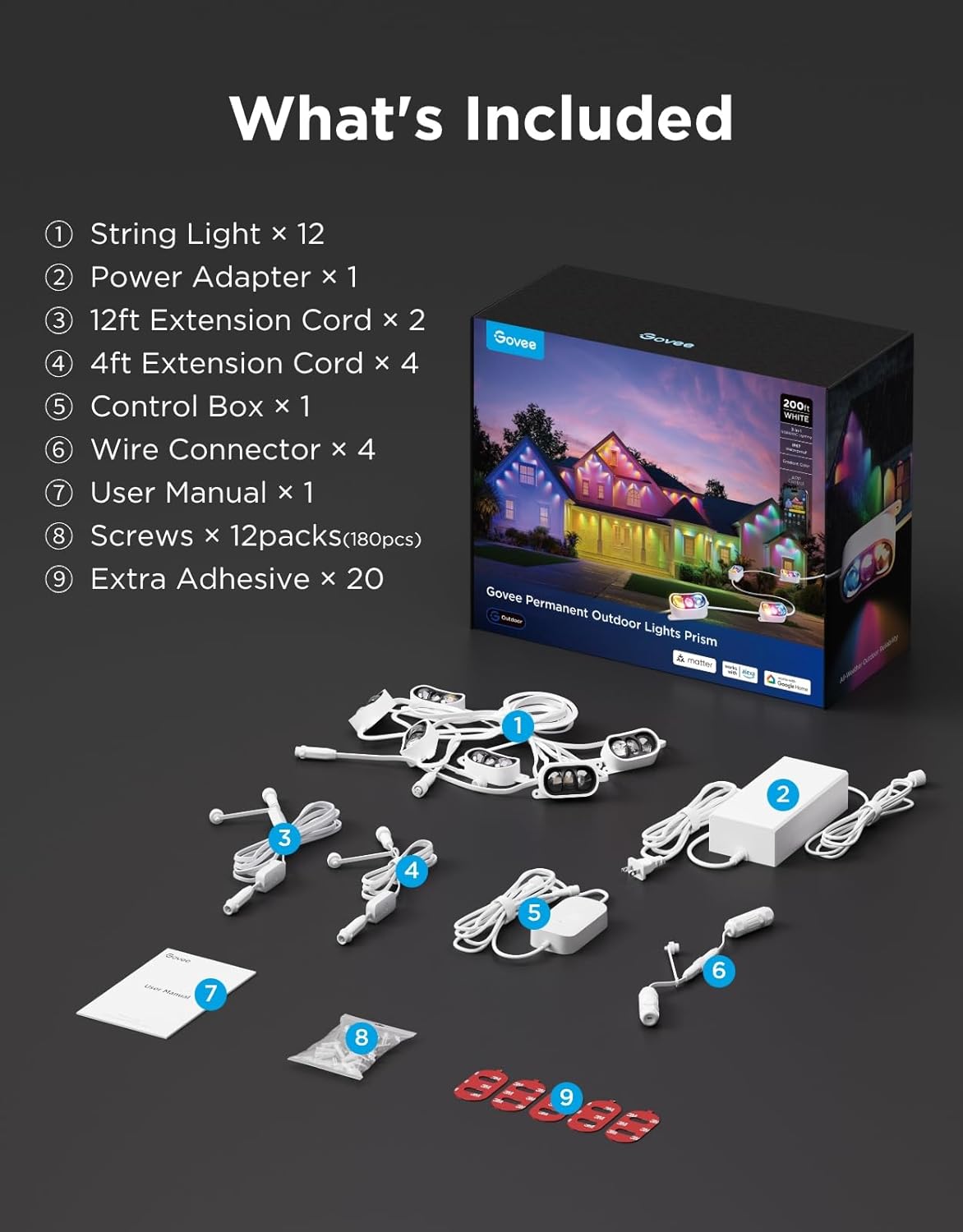 Govee Permanent Outdoor Lights Prism 200ft with 72 Triple-Color Lighting Heads IP68 Waterproof Smart Decor White Zevon