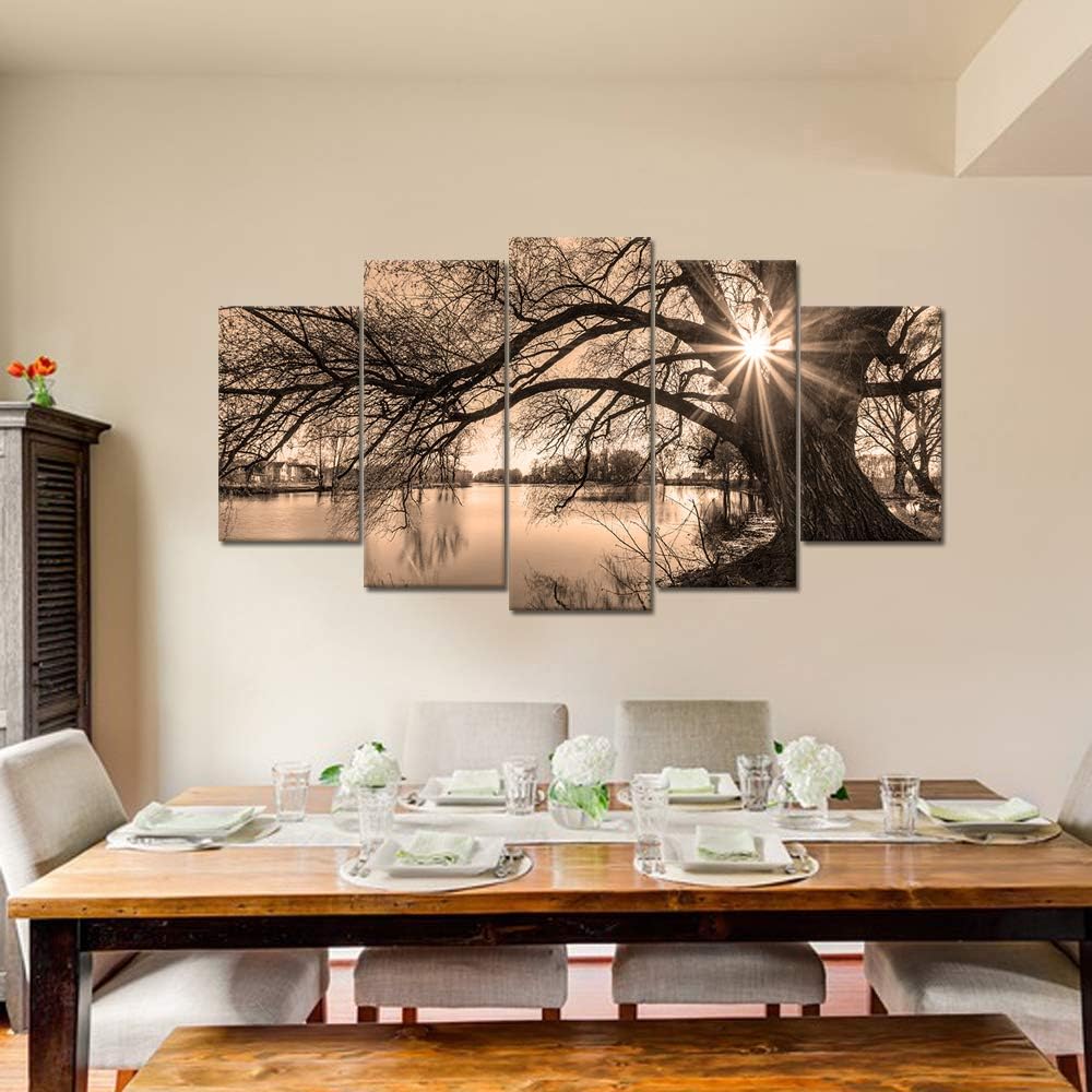 Nachic Wall Large 5-Piece Vintage Sepia Tree by Lake at Sunset Canvas Wall Art Landscape Picture Prints Zevon