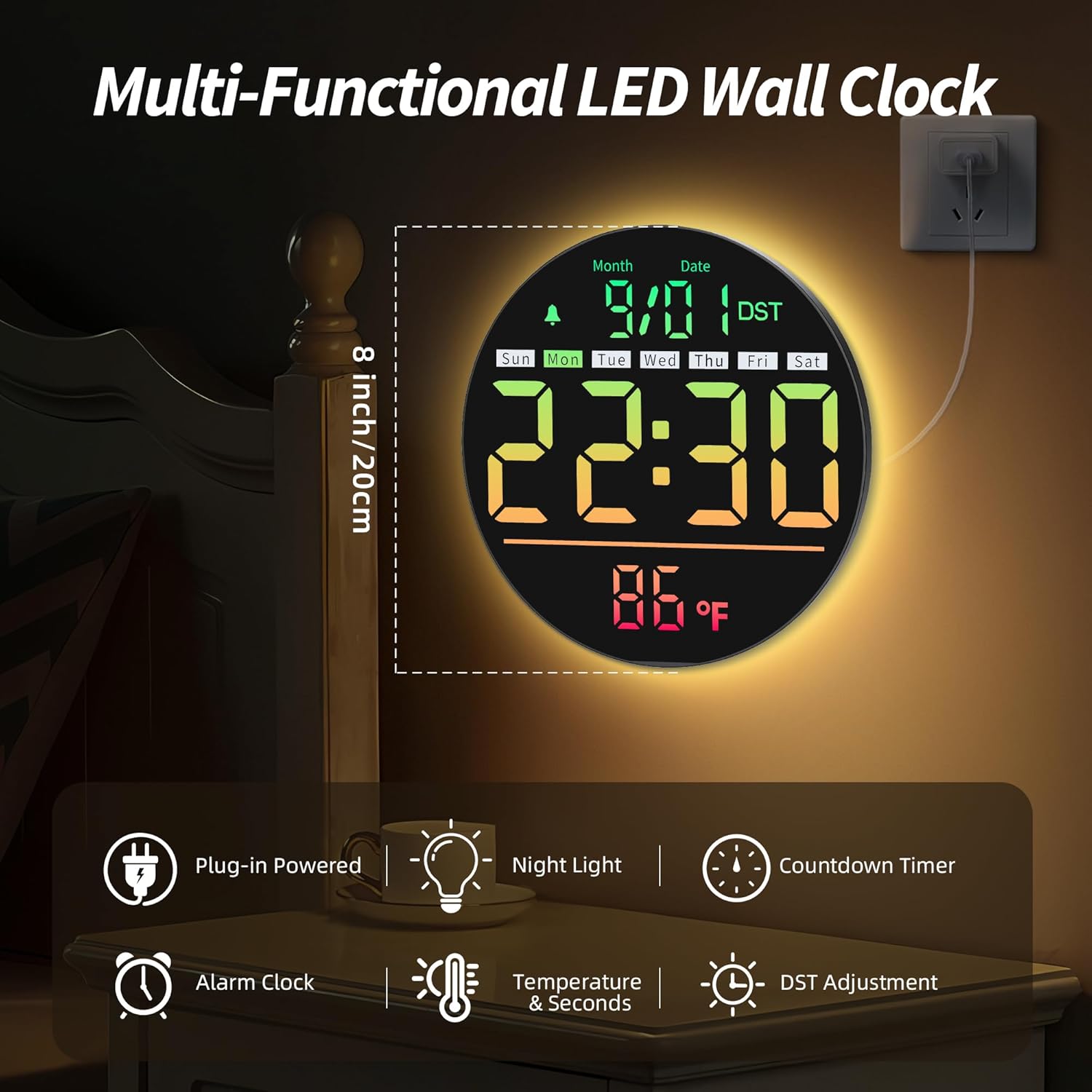 Maxstar LED Digital Wall Clock with RGB Color Timer Temperature Date DST & 5-Level Display Brightness Zevon