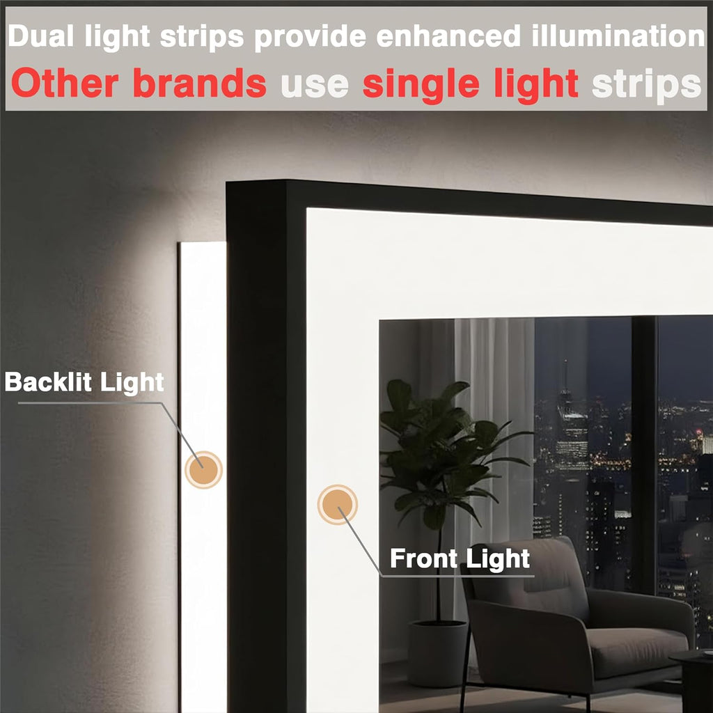 EchosLife 30"x36" Black Framed Front & Backlit LED Bathroom Vanity Mirror with Anti-Fog & Dimmable 3 Colors Smart Zevon