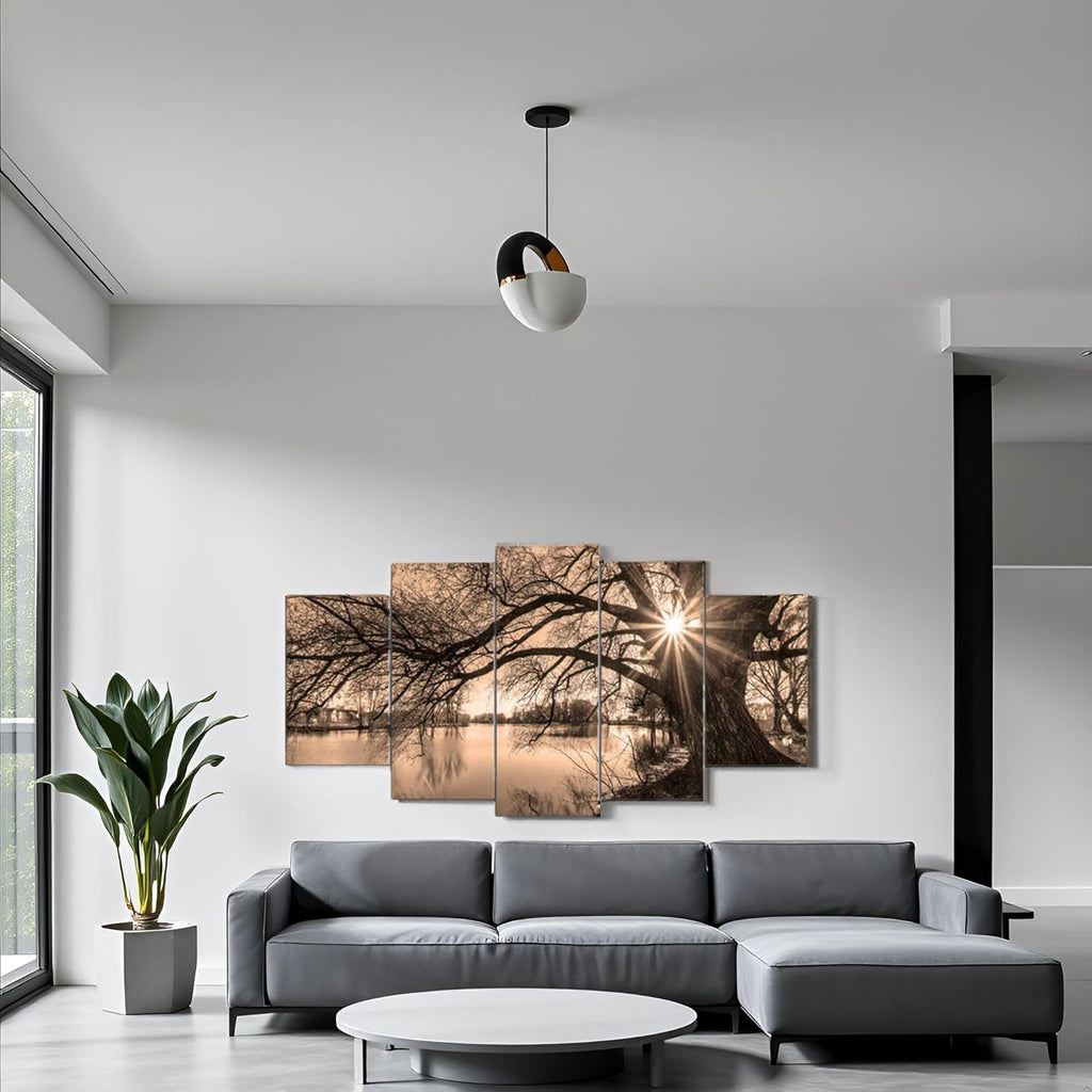 Nachic Wall Large 5-Piece Vintage Sepia Tree by Lake at Sunset Canvas Wall Art Landscape Picture Prints Zevon