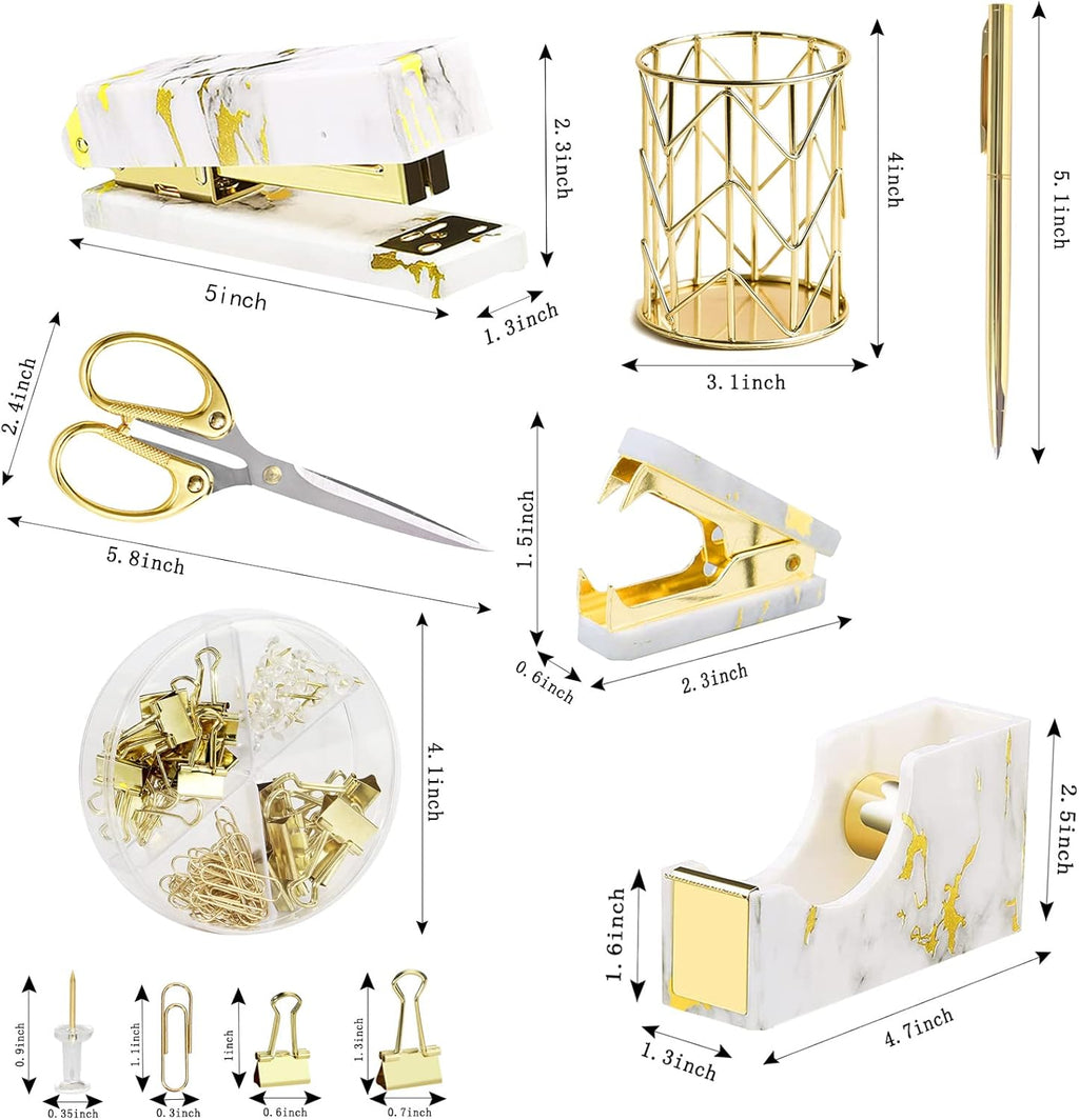 Gold Marble Desk Accessories & Office Supplies Set with Stapler Tape Dispenser Pen Holder & Scissors Zevon
