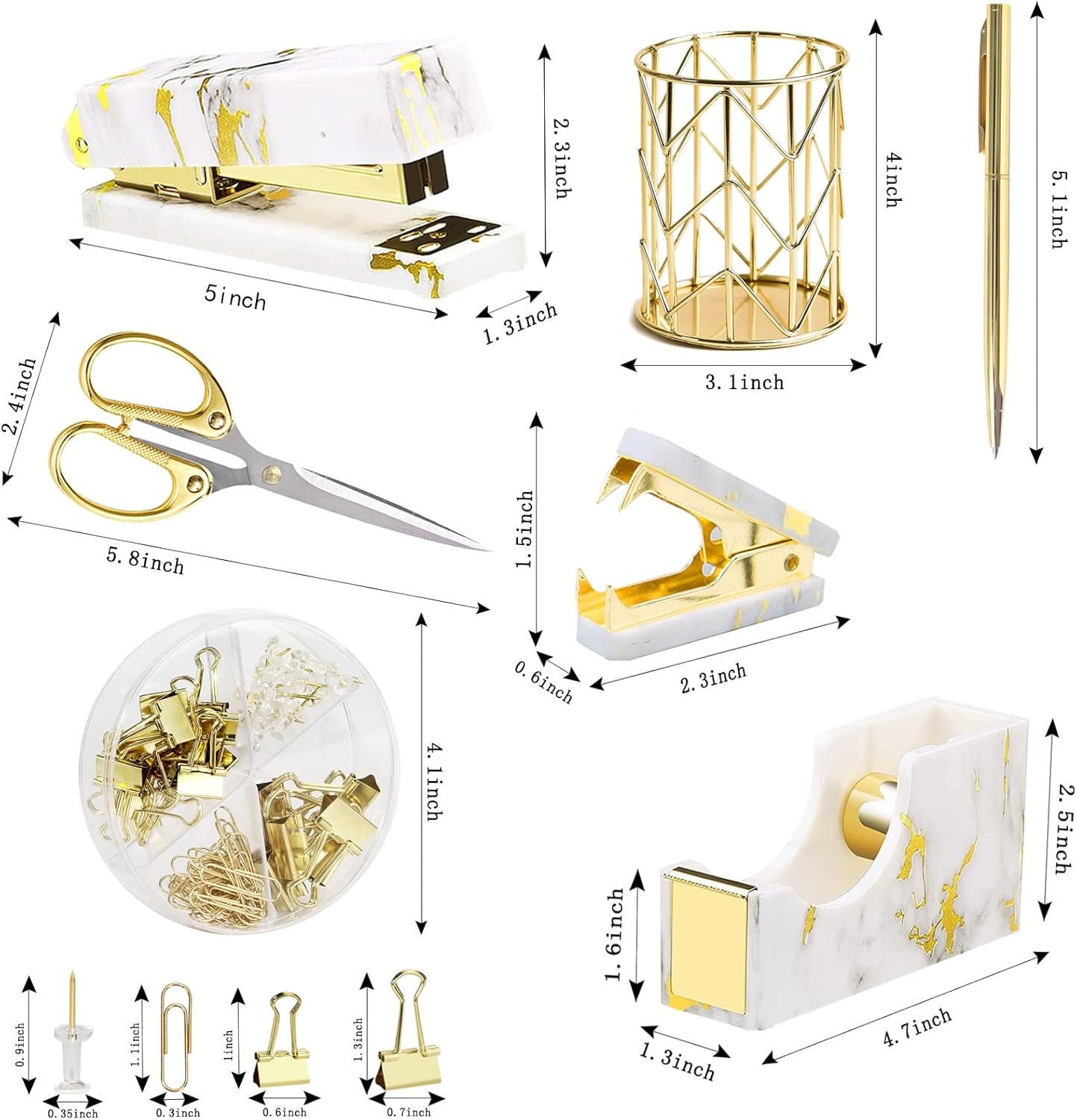 Gold Marble Desk Accessories & Office Supplies Set with Stapler Tape Dispenser Pen Holder & Scissors Zevon