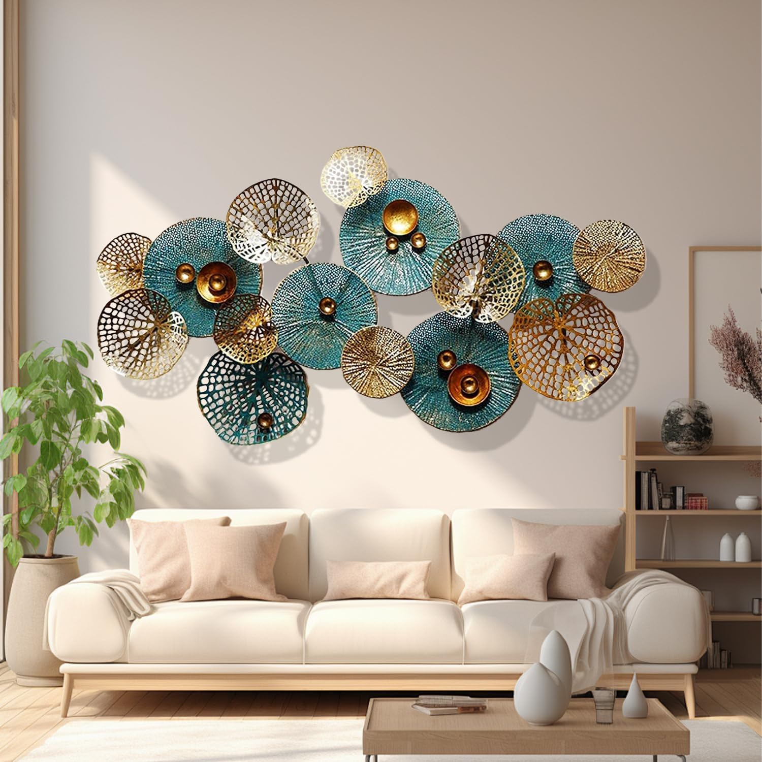 Edaknez 3D Stacked Leaves & Lotus Flower Hanging Metal Wall Art Sculptures Decor (Style C 50" x 26") Zevon