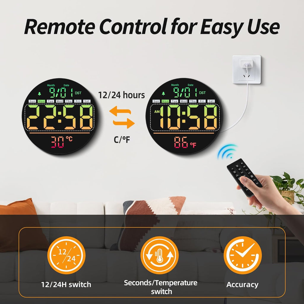 Maxstar LED Digital Wall Clock with RGB Color Timer Temperature Date DST & 5-Level Display Brightness Zevon