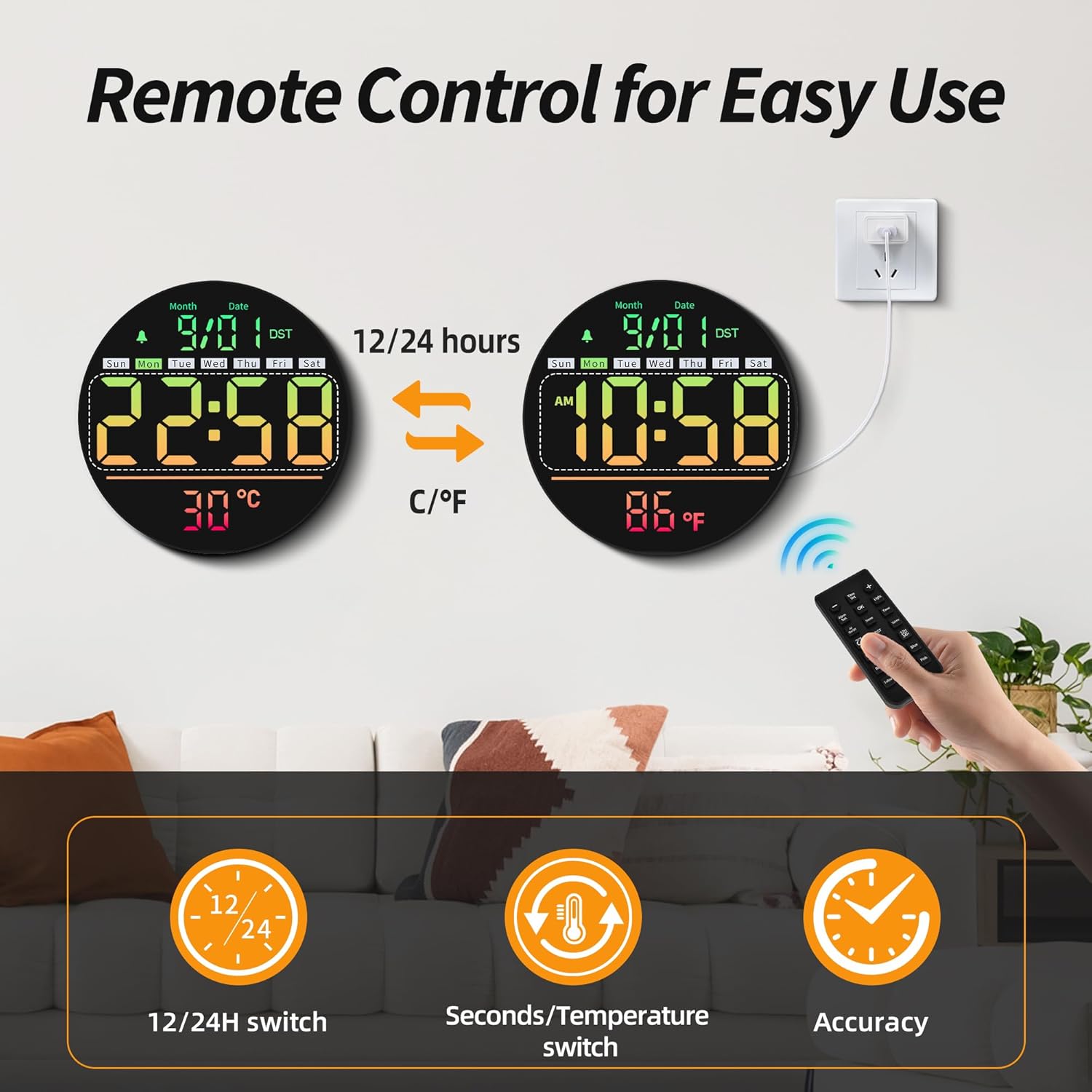 Maxstar LED Digital Wall Clock with RGB Color Timer Temperature Date DST & 5-Level Display Brightness Zevon