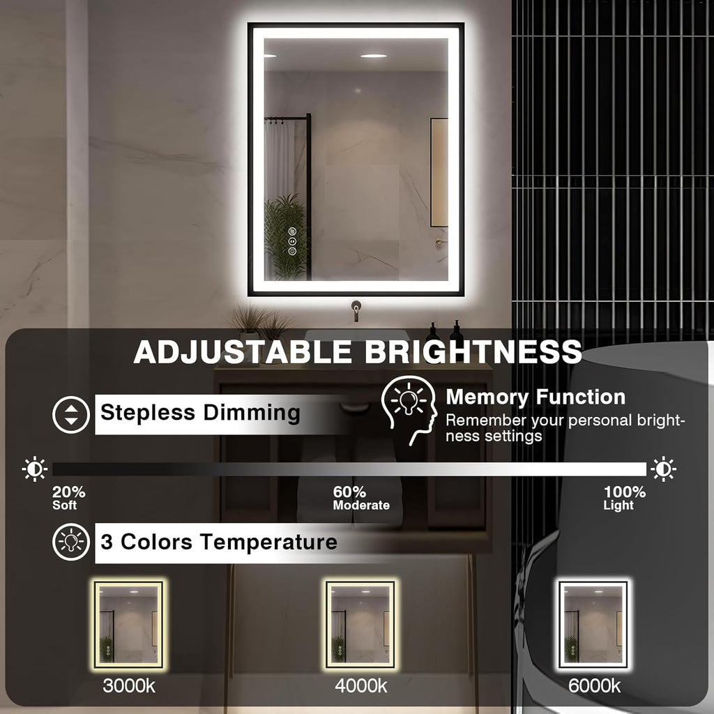 EchosLife 30"x36" Black Framed Front & Backlit LED Bathroom Vanity Mirror with Anti-Fog & Dimmable 3 Colors Smart Zevon