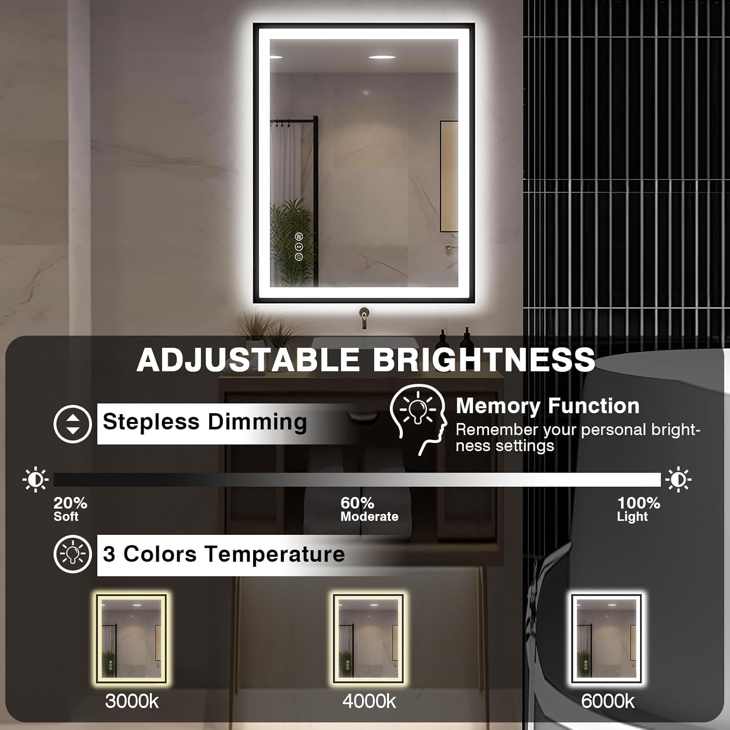 EchosLife 30"x36" Black Framed Front & Backlit LED Bathroom Vanity Mirror with Anti-Fog & Dimmable 3 Colors Smart Zevon