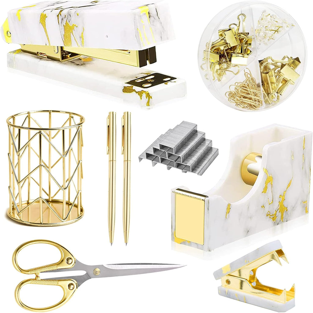 Gold Marble Desk Accessories & Office Supplies Set with Stapler Tape Dispenser Pen Holder & Scissors Zevon