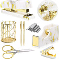 Gold Marble Desk Accessories & Office Supplies Set with Stapler Tape Dispenser Pen Holder & Scissors Zevon
