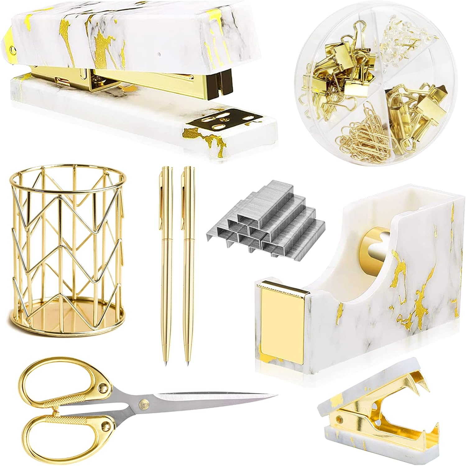 Gold Marble Desk Accessories & Office Supplies Set with Stapler Tape Dispenser Pen Holder & Scissors Zevon