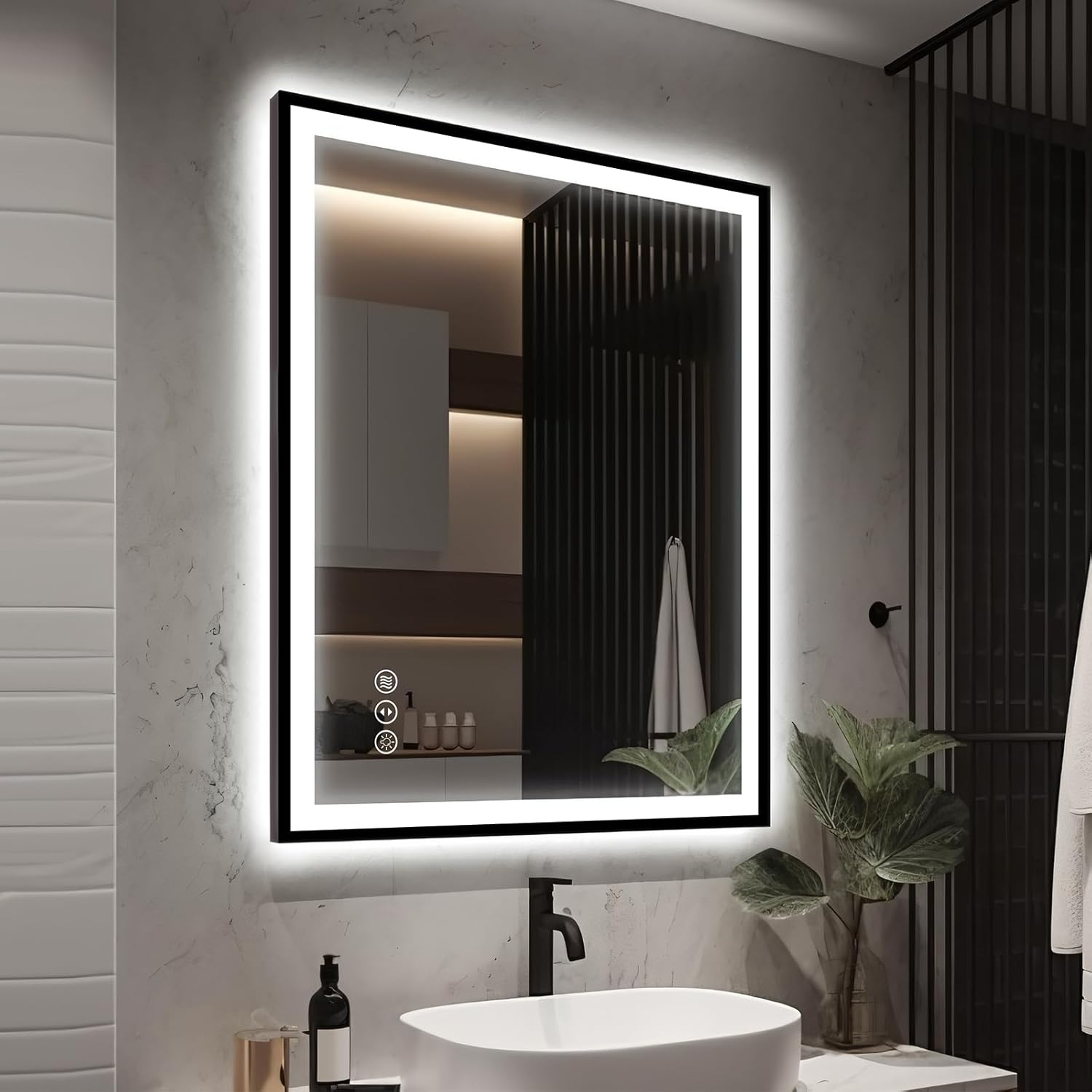 EchosLife 30"x36" Black Framed Front & Backlit LED Bathroom Vanity Mirror with Anti-Fog & Dimmable 3 Colors Smart Zevon