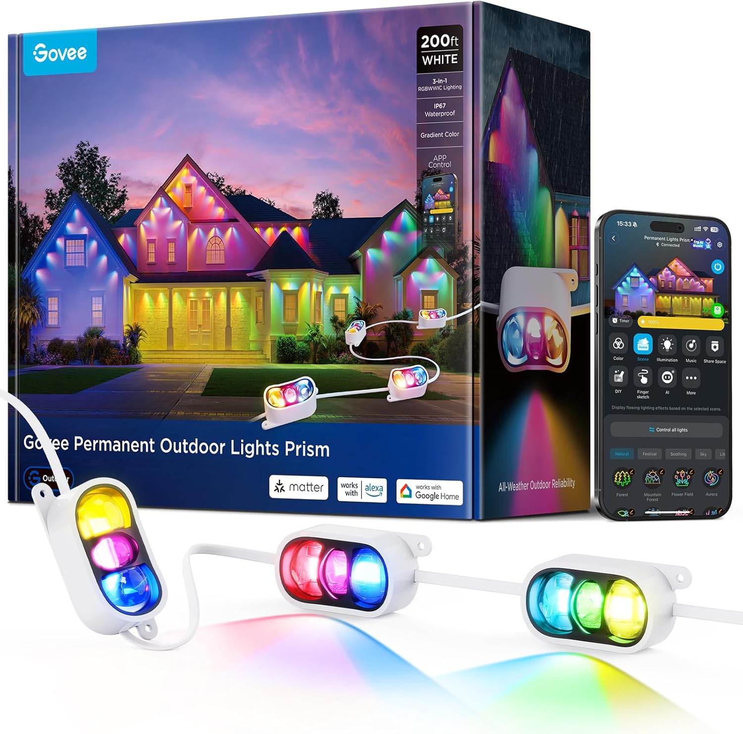 Govee Permanent Outdoor Lights Prism 200ft with 72 Triple-Color Lighting Heads IP68 Waterproof Smart Decor White Zevon