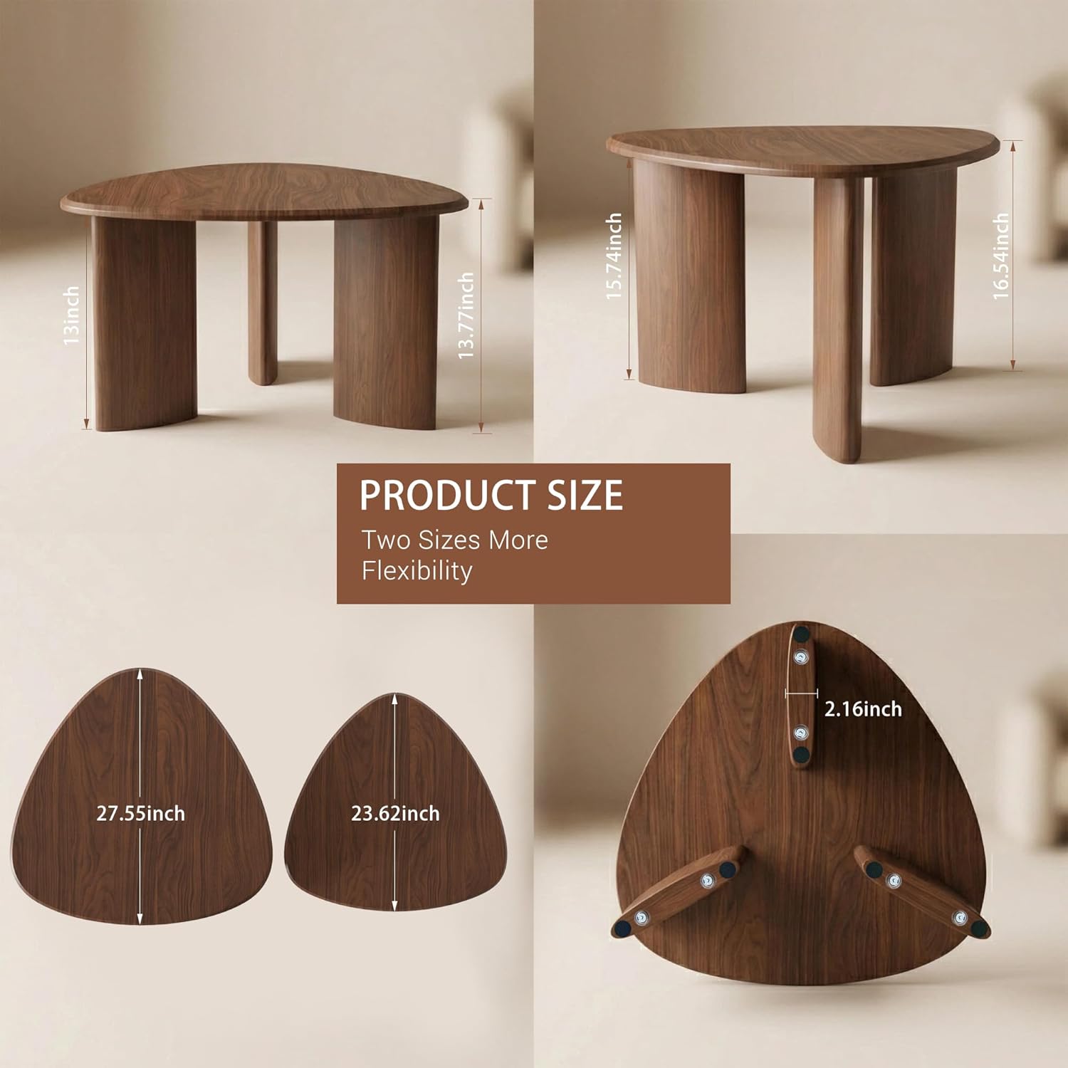 Honyee Modern Walnut Wood Veneer Nesting Coffee Table and Side Table Set of 2 with Space-Saving Design Zevon