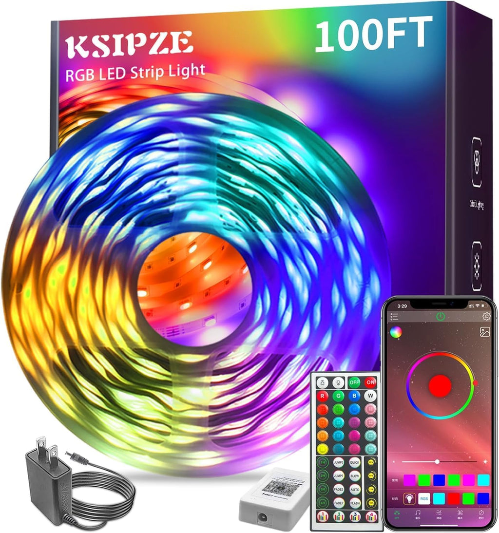KSIPZE 100ft RGB LED Strip Lights with Smart App Control Remote & Music Sync Color Changing Home Decor Zevon