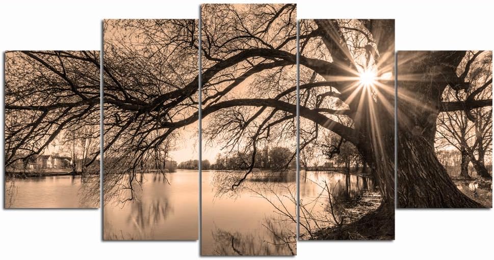 Nachic Wall Large 5-Piece Vintage Sepia Tree by Lake at Sunset Canvas Wall Art Landscape Picture Prints Zevon