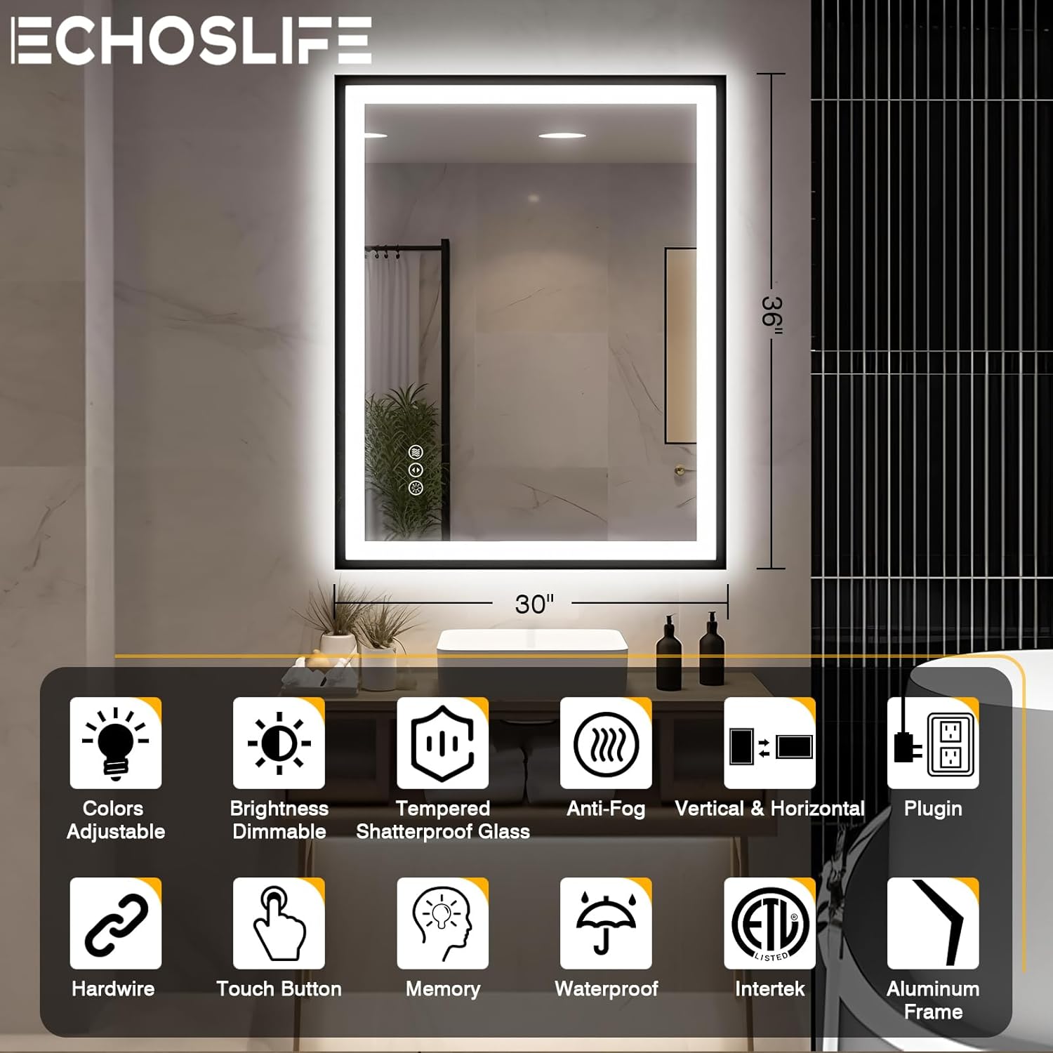 EchosLife 30"x36" Black Framed Front & Backlit LED Bathroom Vanity Mirror with Anti-Fog & Dimmable 3 Colors Smart Zevon