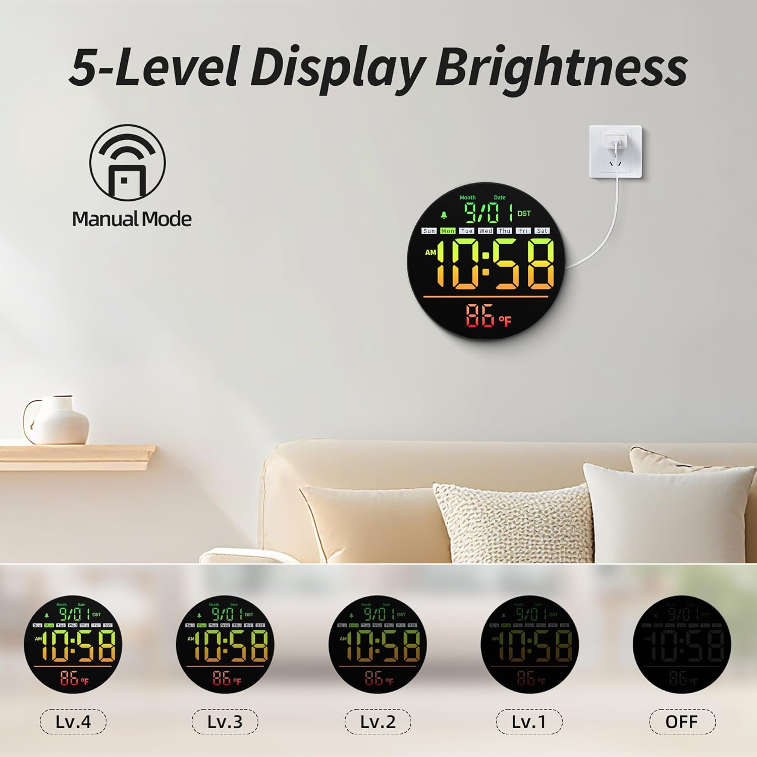 Maxstar LED Digital Wall Clock with RGB Color Timer Temperature Date DST & 5-Level Display Brightness Zevon