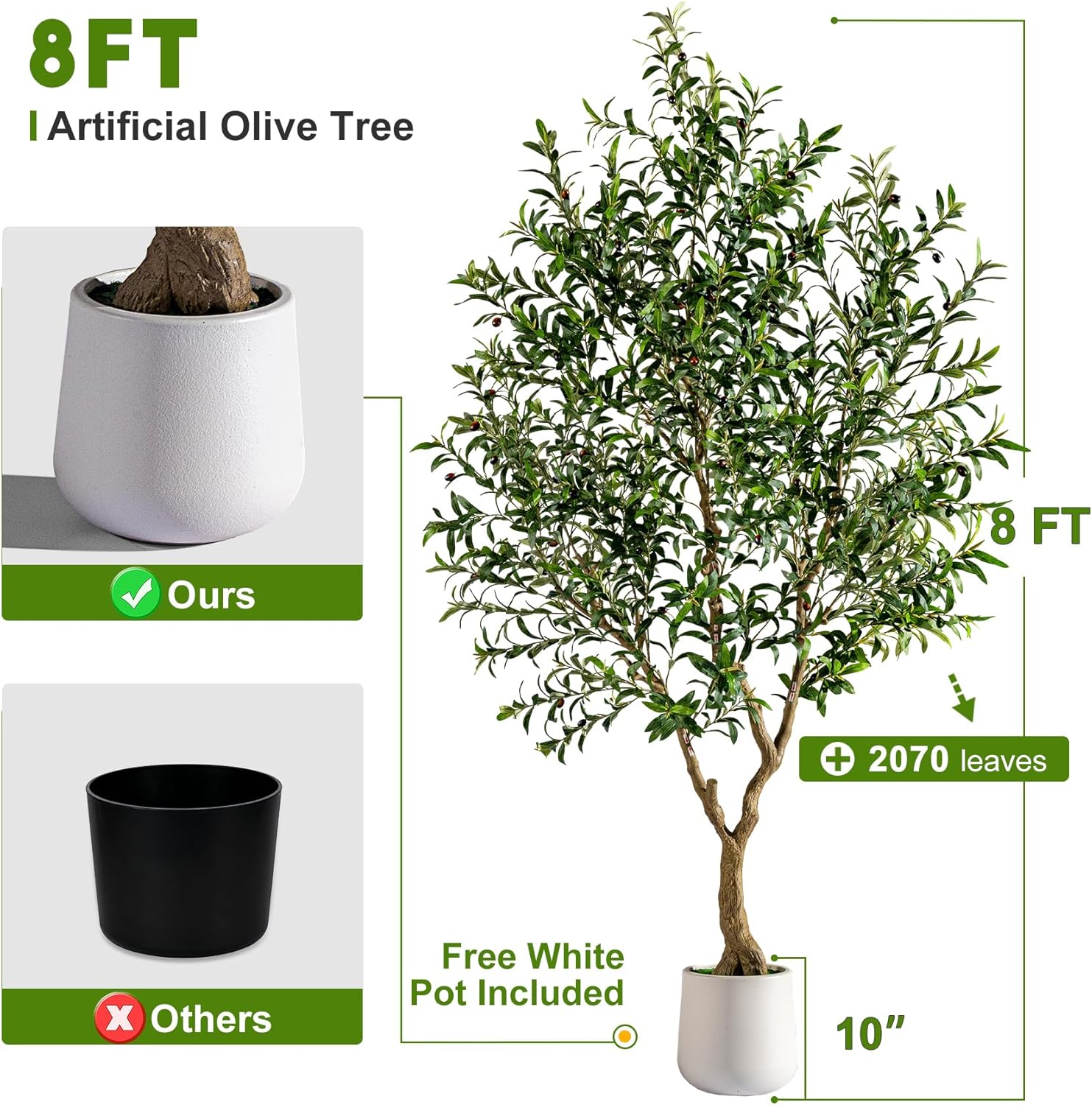 Large Faux Olive Tree Tall Artificial Tree with Pot for Indoor & Outdoor Realistic Floor Fake Plant Decor Zevon