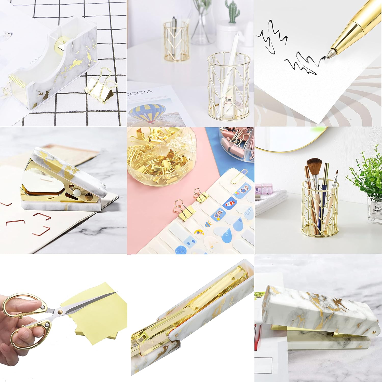 Gold Marble Desk Accessories & Office Supplies Set with Stapler Tape Dispenser Pen Holder & Scissors Zevon