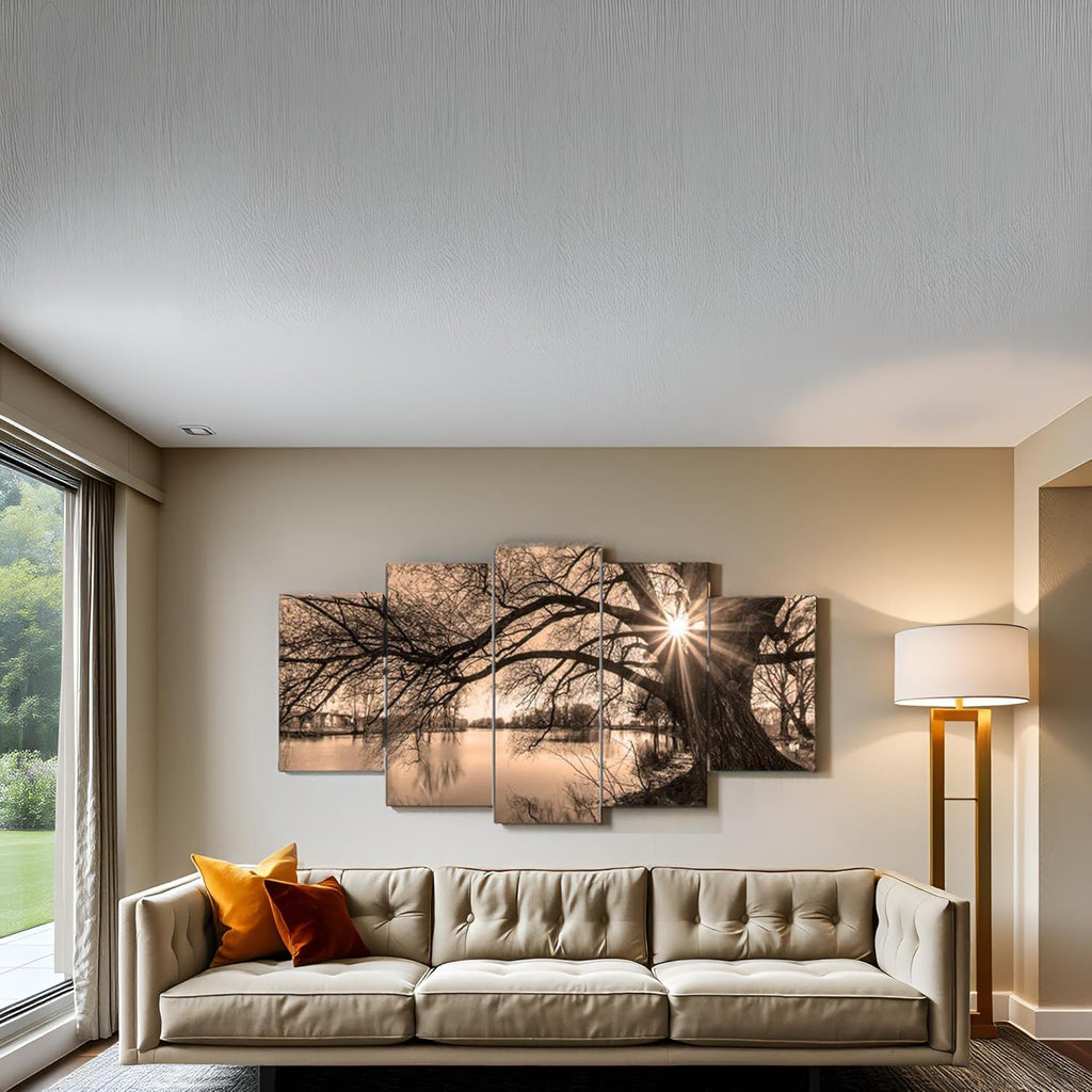 Nachic Wall Large 5-Piece Vintage Sepia Tree by Lake at Sunset Canvas Wall Art Landscape Picture Prints Zevon