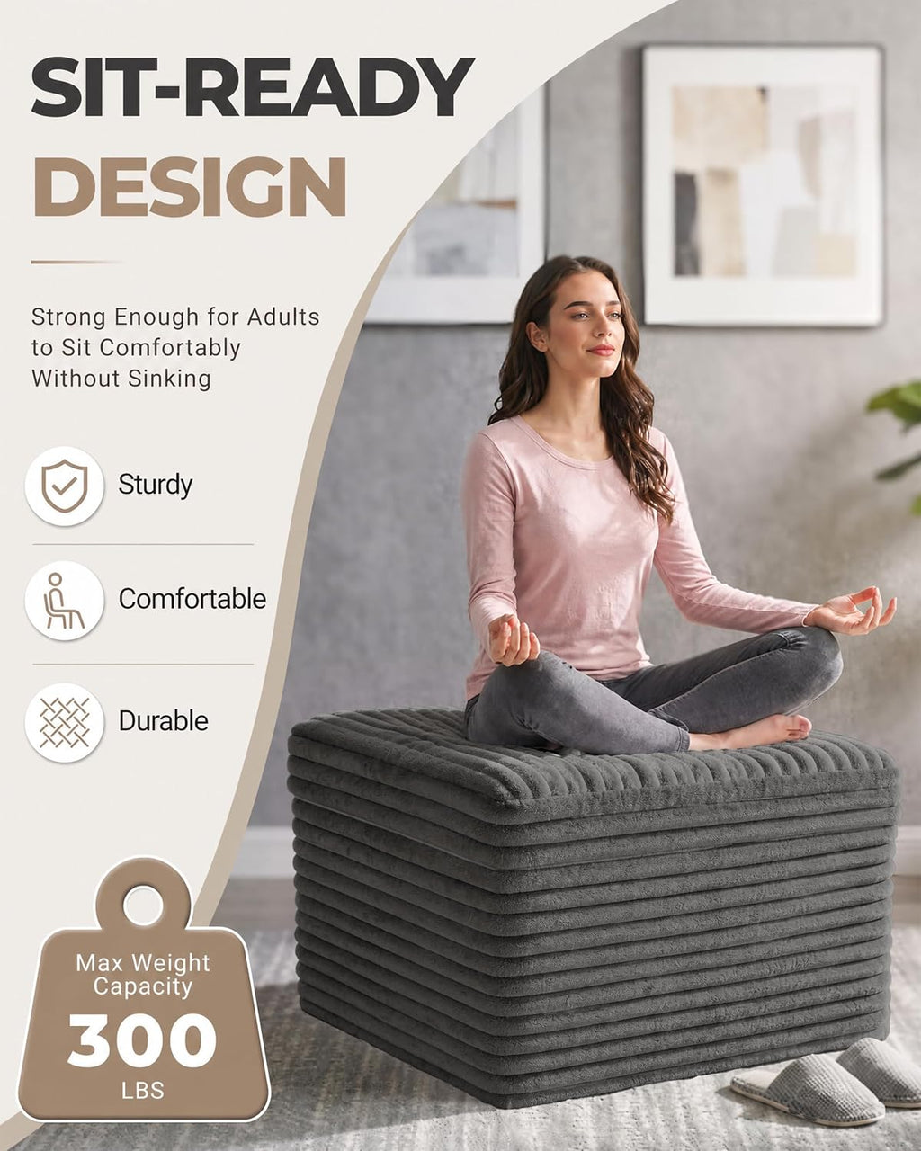 23.6" Corduroy Pouf Ottoman with Dual-Layer Foam Support & Floor Foot Stool Dark Grey Zevon
