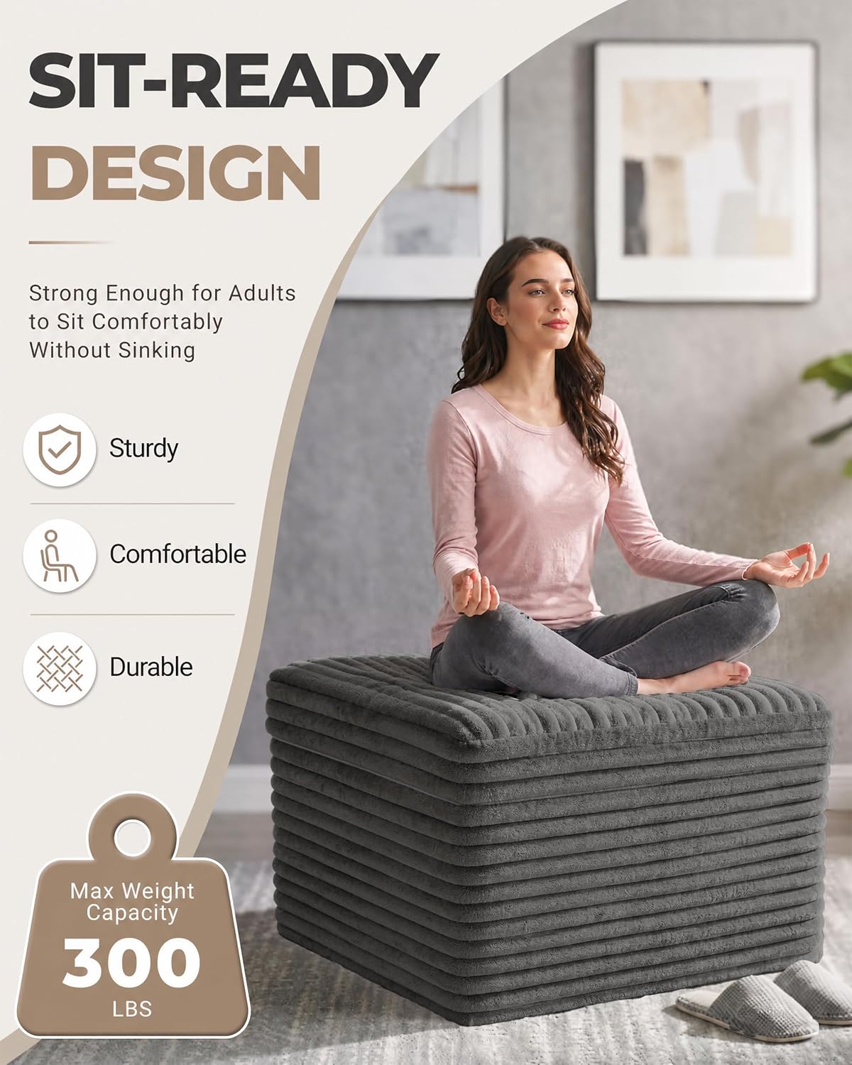 23.6" Corduroy Pouf Ottoman with Dual-Layer Foam Support & Floor Foot Stool Dark Grey Zevon