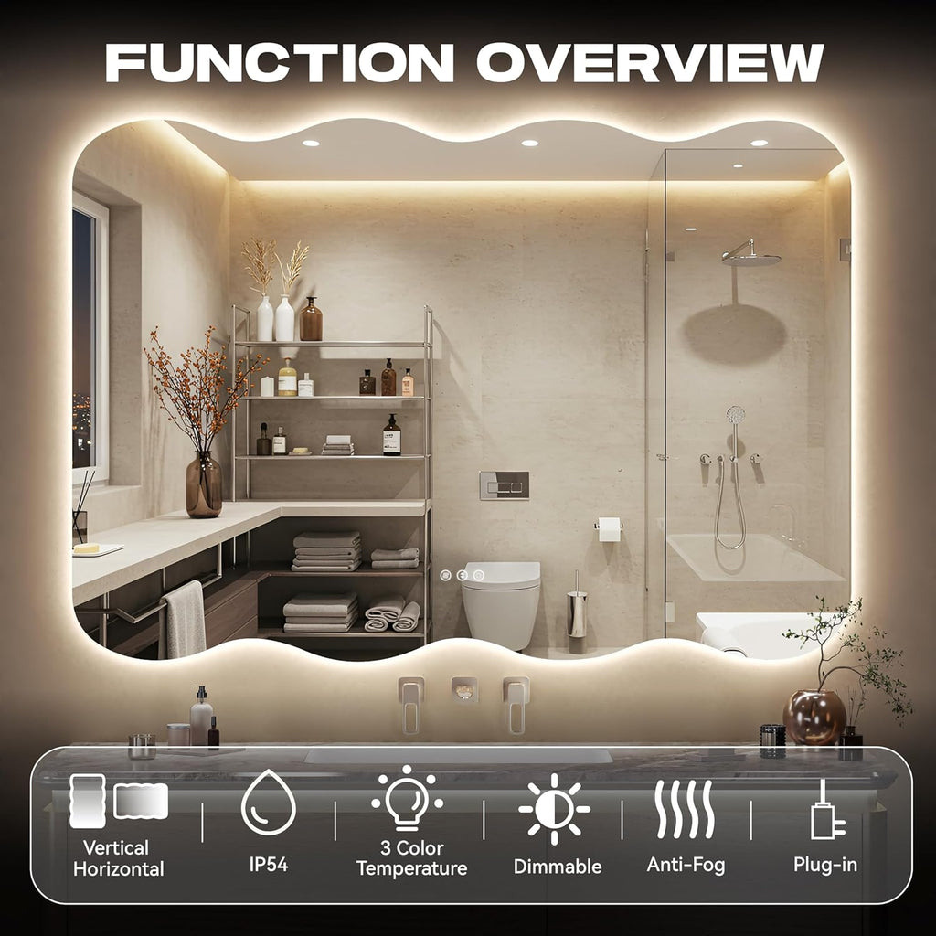 Hasipu 28"x20" LED Wavy Full Length Mirror Frameless Floor & Wall-Mounted Dimmable Standing Vanity Mirror Zevon