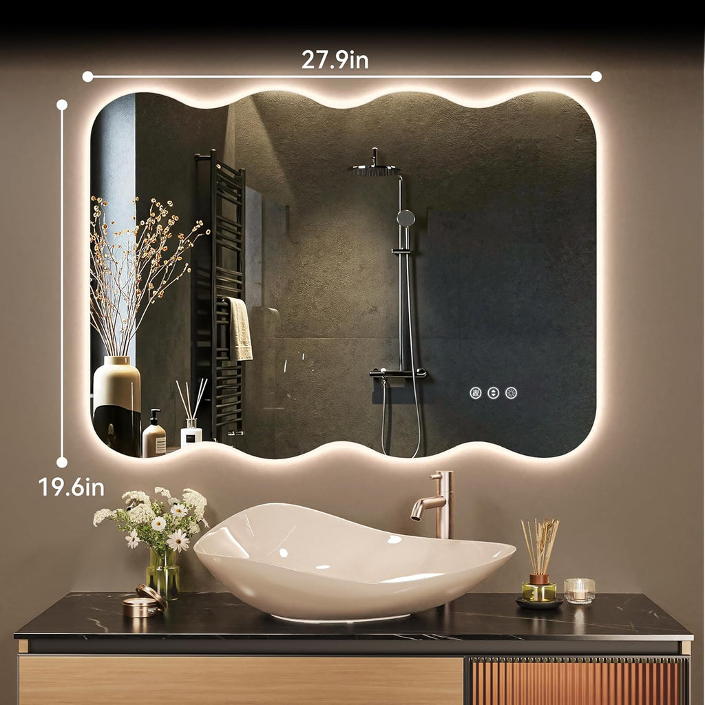 Hasipu 28"x20" LED Wavy Full Length Mirror Frameless Floor & Wall-Mounted Dimmable Standing Vanity Mirror Zevon