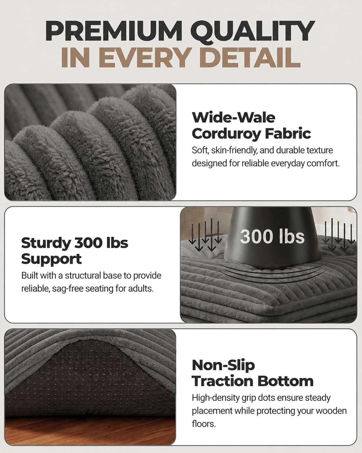 23.6" Corduroy Pouf Ottoman with Dual-Layer Foam Support & Floor Foot Stool Dark Grey Zevon