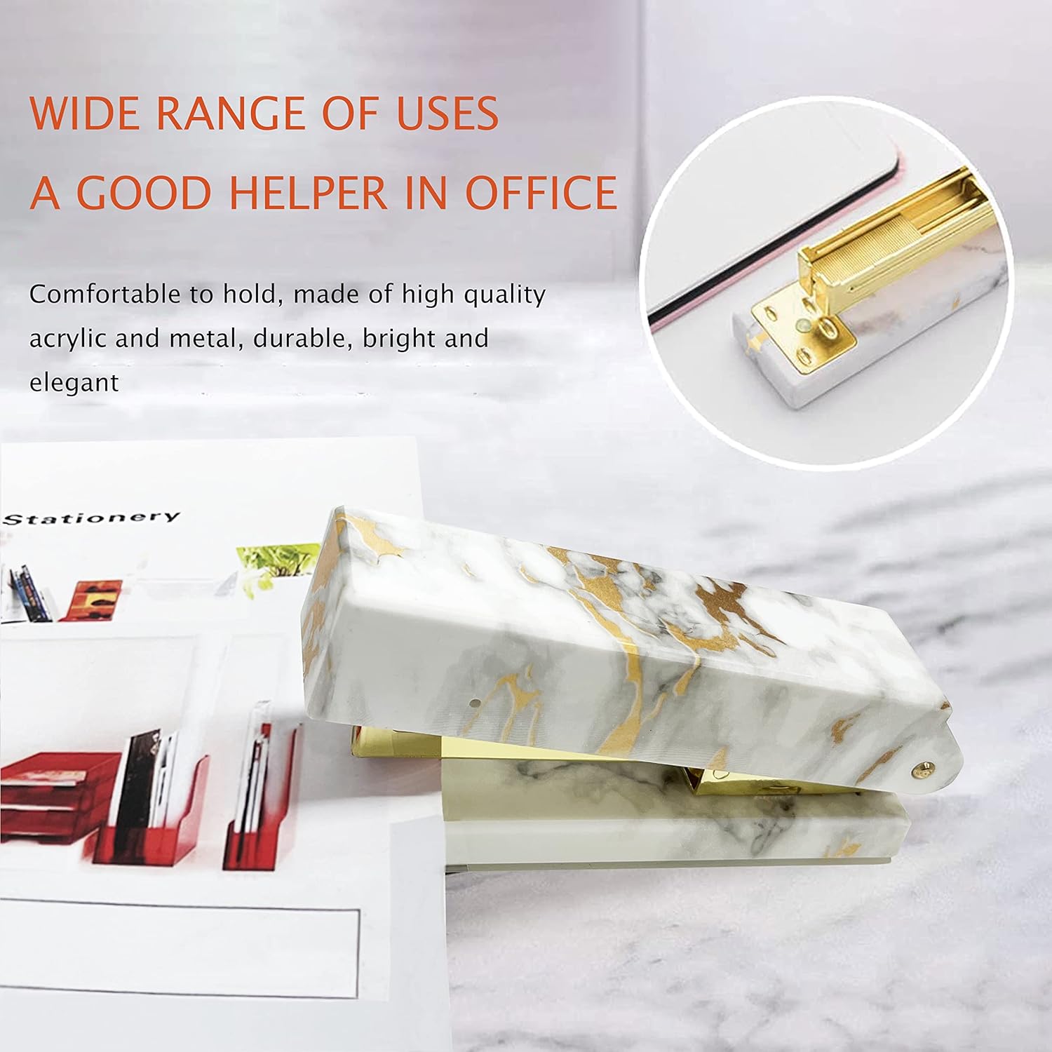 Gold Marble Desk Accessories & Office Supplies Set with Stapler Tape Dispenser Pen Holder & Scissors Zevon