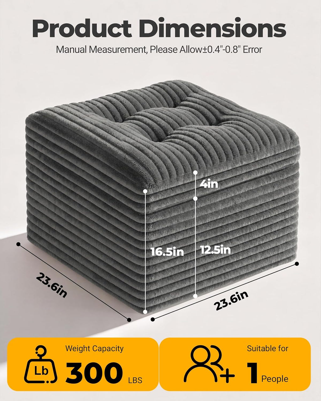 23.6" Corduroy Pouf Ottoman with Dual-Layer Foam Support & Floor Foot Stool Dark Grey Zevon