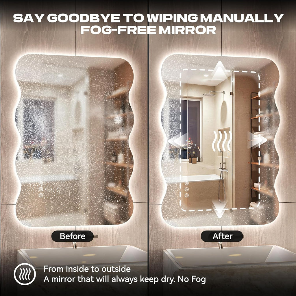 Hasipu 28"x20" LED Wavy Full Length Mirror Frameless Floor & Wall-Mounted Dimmable Standing Vanity Mirror Zevon