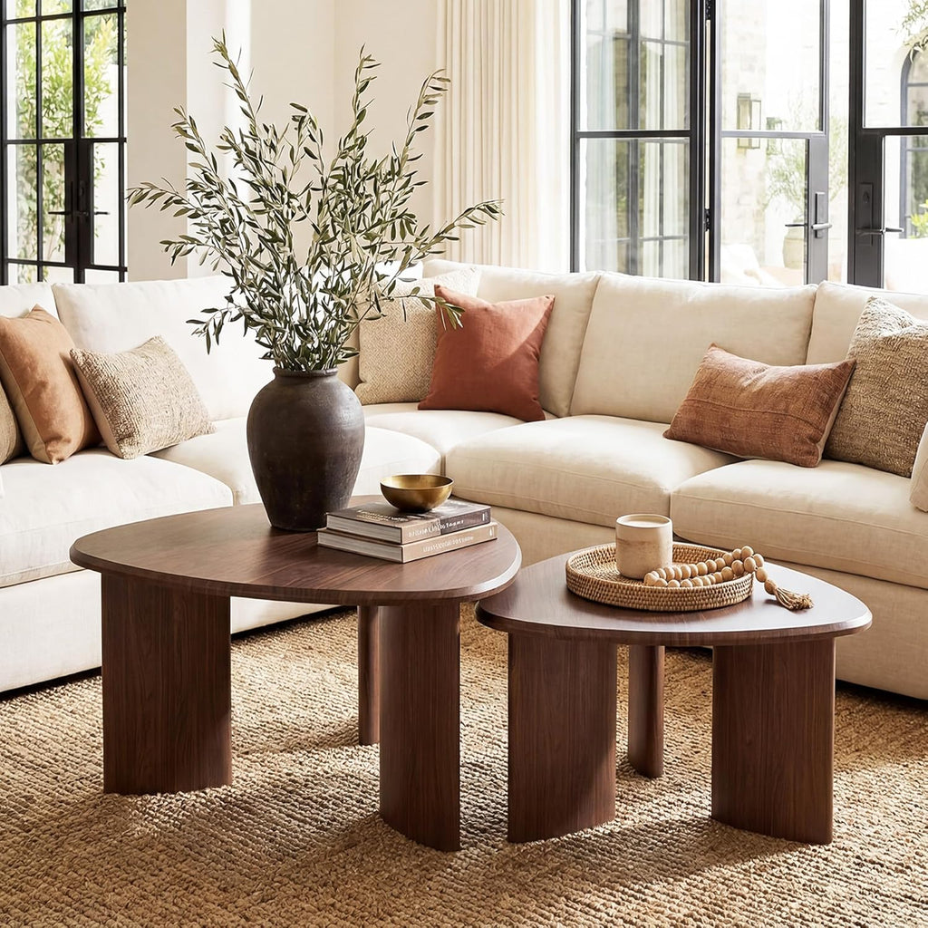 Honyee Modern Walnut Wood Veneer Nesting Coffee Table and Side Table Set of 2 with Space-Saving Design Zevon