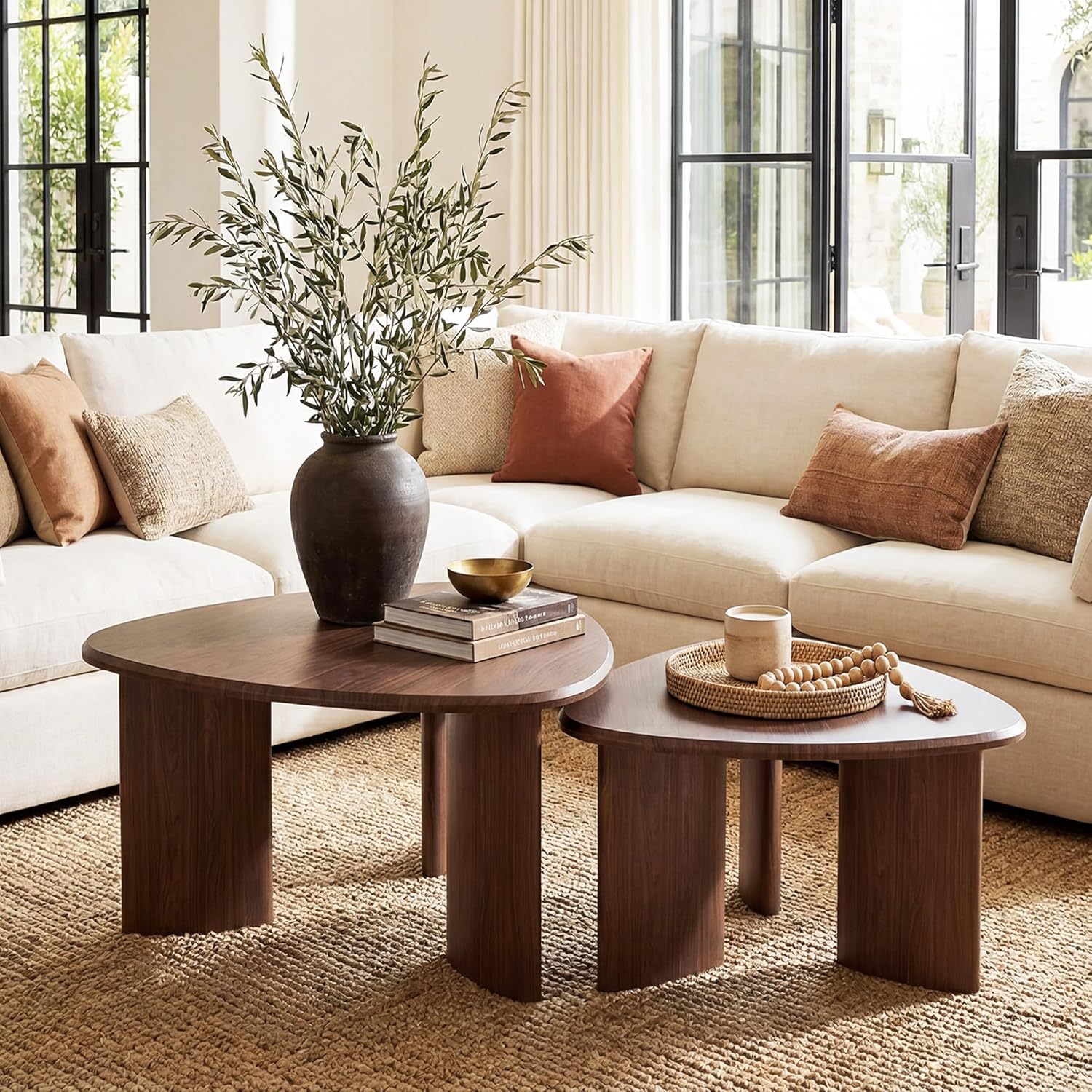 Honyee Modern Walnut Wood Veneer Nesting Coffee Table and Side Table Set of 2 with Space-Saving Design Zevon