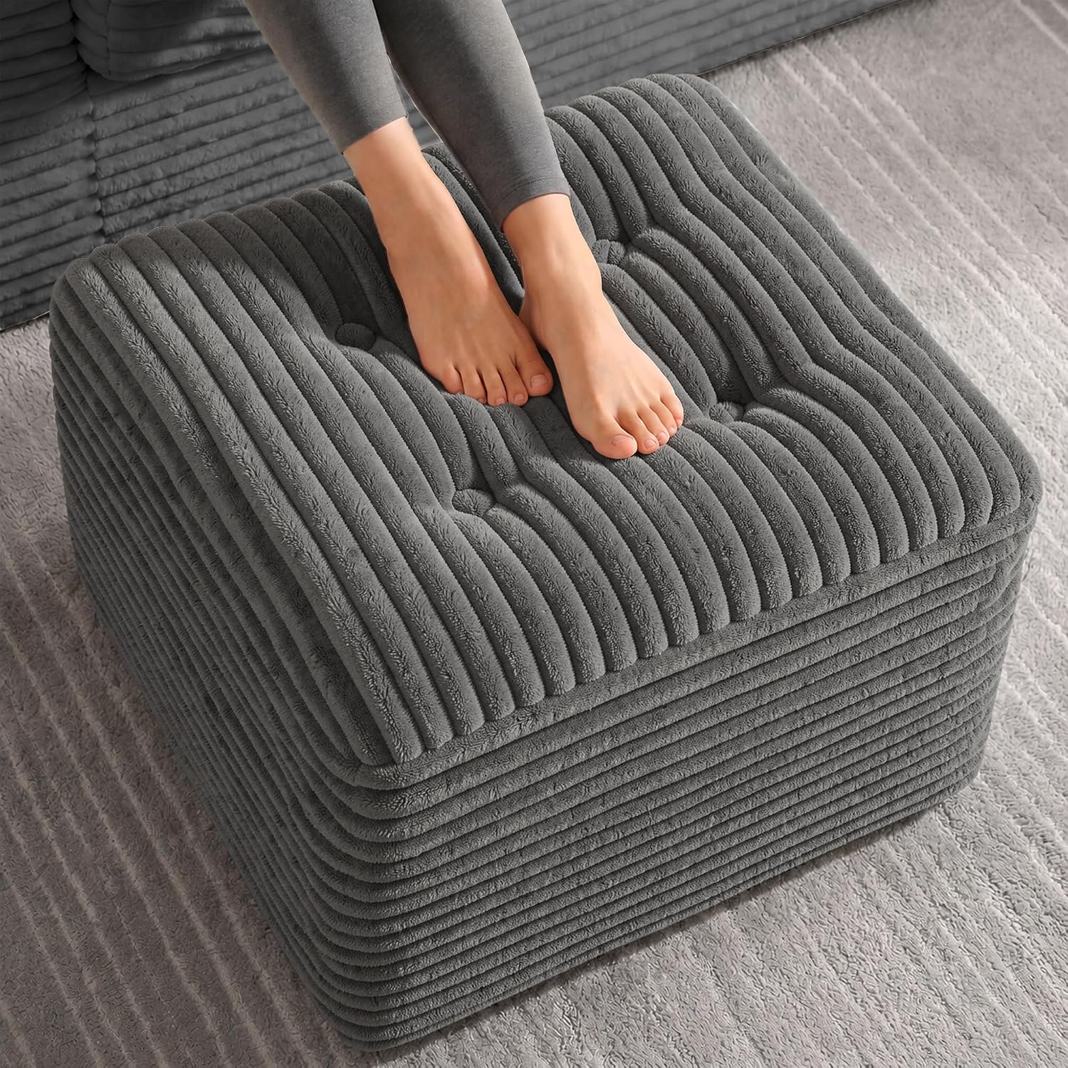 23.6" Corduroy Pouf Ottoman with Dual-Layer Foam Support & Floor Foot Stool Dark Grey Zevon