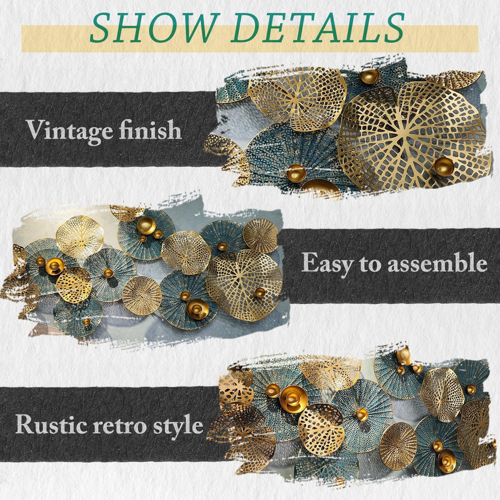 Edaknez 3D Stacked Leaves & Lotus Flower Hanging Metal Wall Art Sculptures Decor (Style C 50" x 26") Zevon