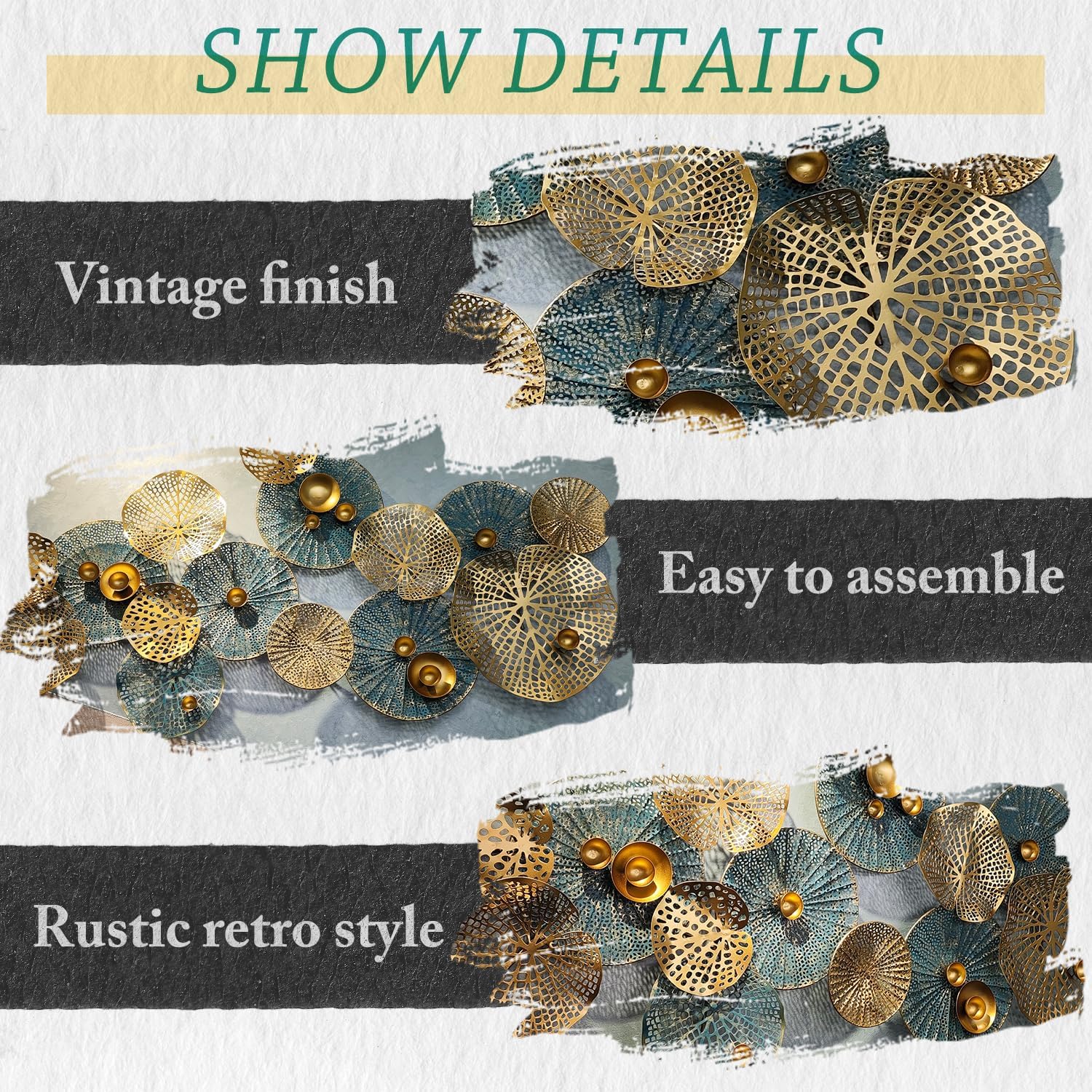 Edaknez 3D Stacked Leaves & Lotus Flower Hanging Metal Wall Art Sculptures Decor (Style C 50" x 26") Zevon